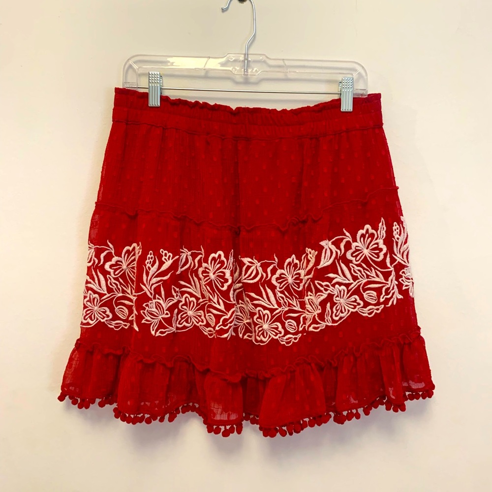 Renuar red embroidered ruffle skirt in size 40